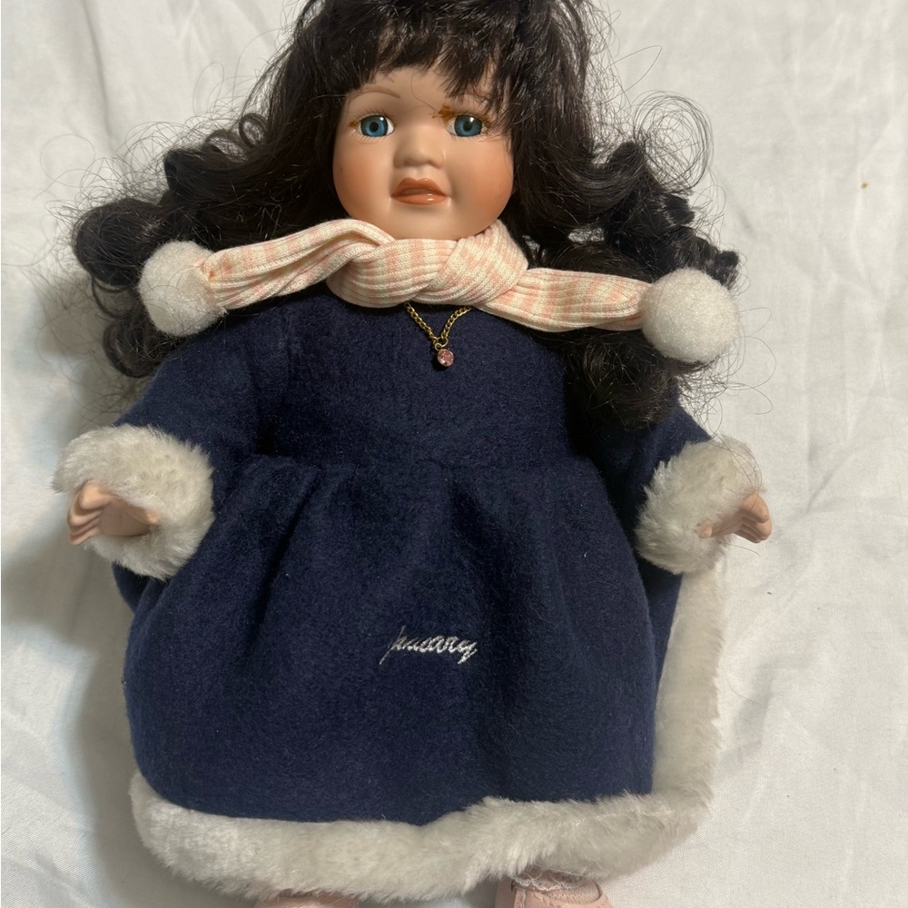 Porcelain Holiday Doll in Navy Blue Dress